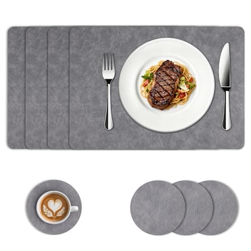 Image of Kryndle Placemats and Coaster Sets 4, Waterproof Table Mats, 43 * 30cm Place Mats For Table for Family Dining, Kitchen, Living Room and Outdoor(Grey)