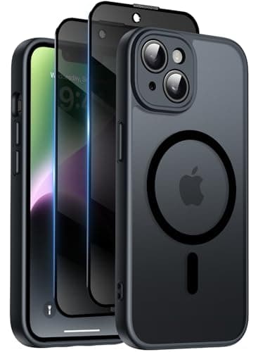 Image of Qasyfanc for iPhone 14 Case with MagSafe, Privacy Screen Protectors X2, [Camera Protection] [15FT Military Drop Protection] Magnetic Translucent Matte Back Shockproof Phone Cover, 6.1", Black