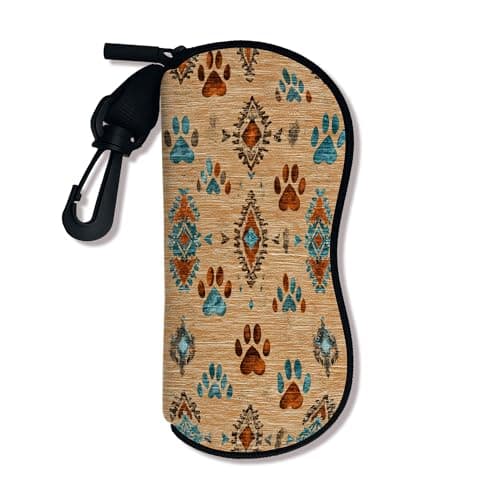 Image of Soft Glasses Case Paw Print Glasses Holder Bohemian Animal Design Glasses Holder with Zipper Clip Opti Neoprene Portable Storage, beige, 3x7 Inch
