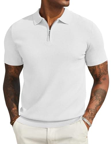 Image of COOFANDY Men's Polo Knit T-Shirts Zipper Golf Polo Shirt for Men Casual Stretch Tennis Mens Tops White L