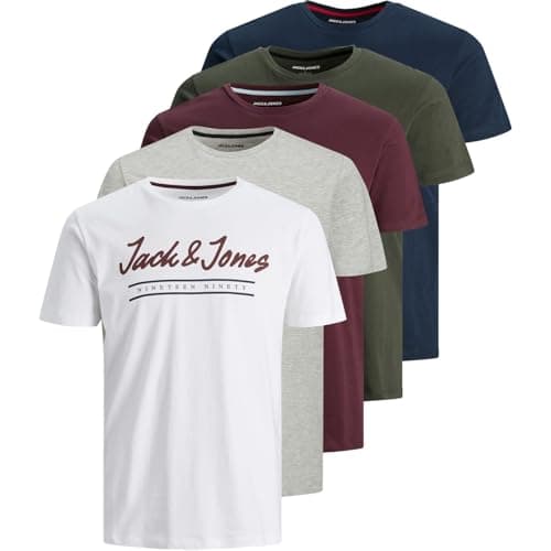 Image of JACK & JONES Mens 5 Pack Short Sleeve T-Shirt Cotton White/Grey/Burgundy/Khaki/Navy L