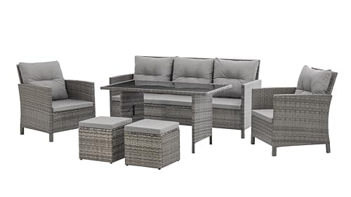 Image of EVRE Havana 7 Seater Rattan Garden Furniture Patio Dining Set, 3 Seater Sofa 2 Armchairs 2 Ottoman Stools, High Table Glass Top, Thick Cushions, Wicker Rattan Garden Furniture Set Outdoor (Grey)