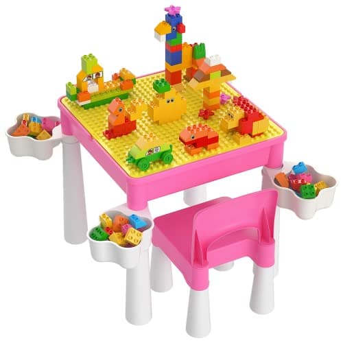 Image of burgkidz Toddler Table and Chair Set, Plastic Kids Activity Table with Chair and 128 Piece Large Creative Bricks Building Construction Toys for Girls, Pink
