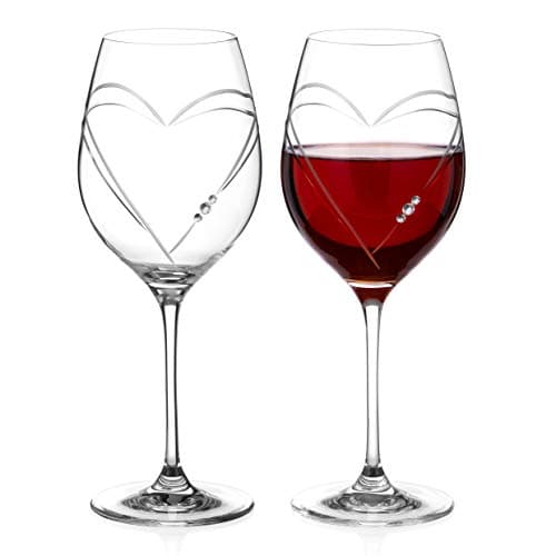 Image of DIAMANTE Swarovski Red Wine Glasses Pair – ‘Hearts’ Collection Crystal Wine Goblets Set of 2 in Gift Box
