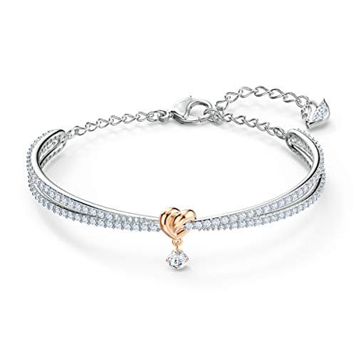 Image of Swarovski Women's Lifelong Heart Bangle, Brilliant White Crystals and Rose-Gold Plated Heart with Dangling Crystal Element and Mixed Metal Finish