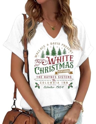 Image of Earlymemb Womens Christmas V Neck Shirt Funny Xmas Holiday Graphic Short Sleeve Tee Family Holiday T-Shirt Blouse, S-white, S