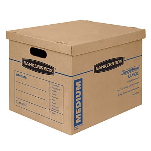 Image of 10 BANKERS BOX Strong Moving Boxes, SmoothMove Classic 38 Litre Cardboard Moving Packing Storage Boxes, Tape-Free Assembly, Easy Carry Handles 45cm x 33cm x 26cm (Pack of 10), Brown