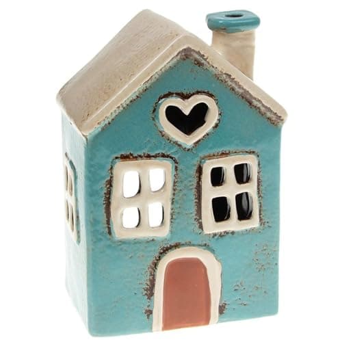 Image of Village Pottery Small Pink House Heart Garden Candles Tealight Holders Outdoor Candle Holder. Indoor or Outdoor Classy Alternative to Garden Lanterns (Teal)