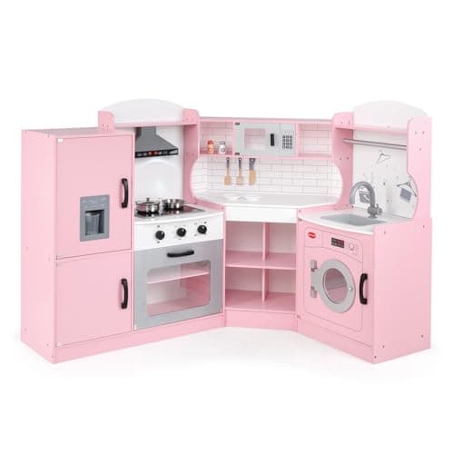 Image of COSTWAY Kids Corner Play Kitchen, 9-in-1 Wooden Pretend Cooking Playset with Realistic Lights & Sounds, Accessory Utensils, Children's Chef Role Play Set for Boys Girls (Pink)