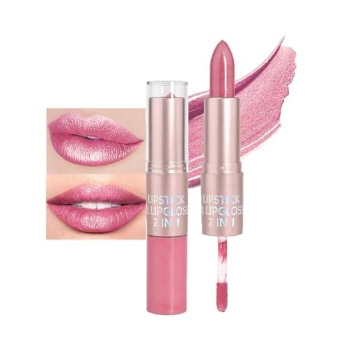 Image of Metallic Lipstick Pink Lipstick Lip Gloss 2 IN 1, Long Lasting Light Pink Glitter Metallic Lip Gloss Waterproof Non-Stick Cup Diamond Glitter Lipgloss Creamy Formula