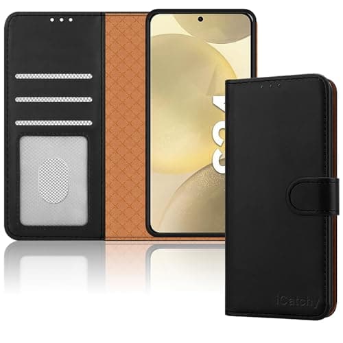 Image of iCatchy for Samsung Galaxy S24 Case Wallet Book [Stand View] Card Case Cover Magnetic Closure [Kickstand] Leather Folio Case Compatible with Galaxy S24 Phone Cover (Black)