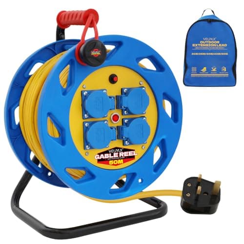 Image of 50m Outdoor Extension Lead,4 Socket Heavy Duty Extension Reel,Thermal Cut-Out,13A Fused UK Plug,Ideal for Garden,Lawn Mower,Office Use