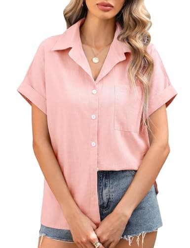 Image of Xnova Women's Summer Blouse Short Sleeve Casual V Neck Shirts Ladies Button Down Shirt Cotton Tunic Tops for Office Work, Pink, L