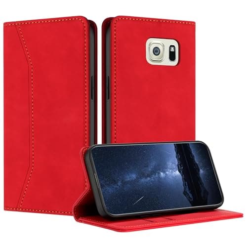 Image of Mo-Beauty Compatible with Samsung Galaxy S6 Case, PU Leather Flip Wallet Phone Stand Case Cover with 2 Slot Card Holder and Magnetic Closure for Samsung S6 Shockproof Protective Phone Case(Red)