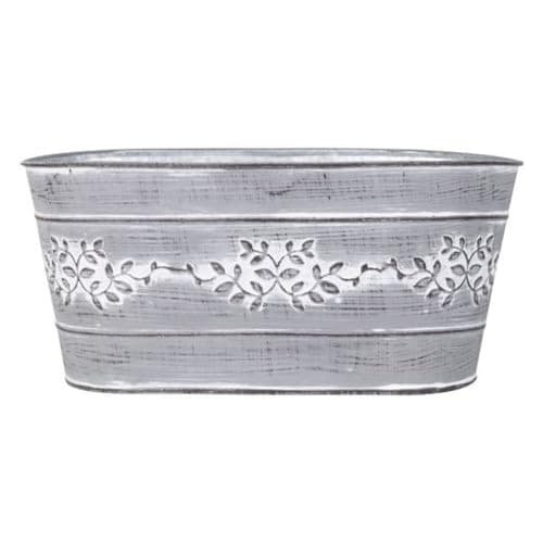 Image of Grey Metal Leafy Vine Trough Planter Tin Pail 26cm, 10inch Indoor Outdoor Garden Flower Plant Pot Weatherproof Decorative Gift (1)