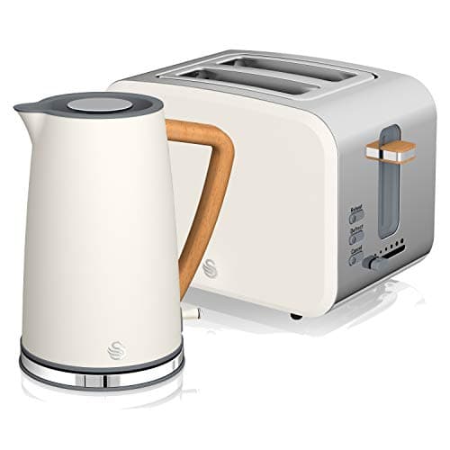 Image of Swan Nordic Cotton White Kitchen Set with 1.7 Litre Kettle and 2 Slice Toaster, Wood Effect and Soft Touch Matte Finish, Stainless Steel, STP2090WHTN