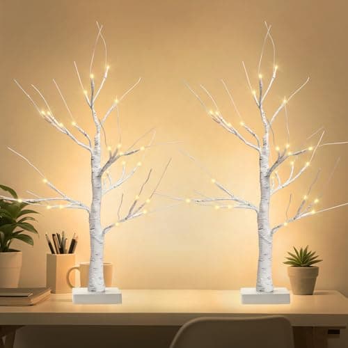 Image of Newthinking White Birch Twig 2FT, 2 PACK Small Christmas Twig Tree with 24 Warm White LED Lights for Home Party Wedding Christmas Tabletop Decoration, Battery Operated