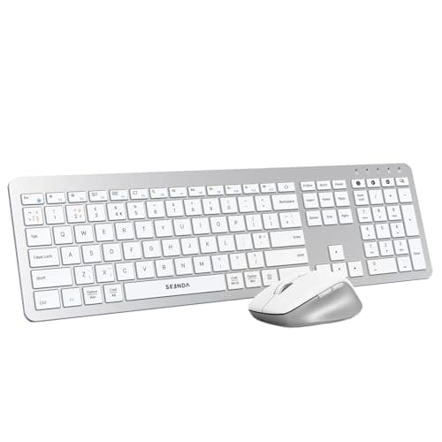 Image of seenda COE300 Wireless Bluetooth Keyboard and Mouse, Dual Bluetooth+2.4G USB Connections, Ultra Slim Quiet Full Size, Multi-Device for Windows, Mac OS, Laptop, iPad, Tablet, White & Silver