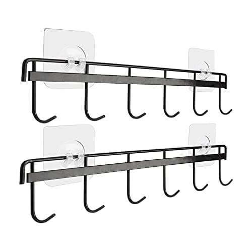 Image of Jeowoqao Kitchen Utensil Hangers with 6 Hooks Space Saving Wall Utensils Hooks Holder No Drilling Wall Mounted Adhesive Hook Rack for Kitchen Bathroom Bedroom 2 Pack (Black)