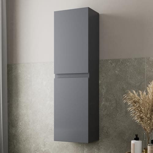 Image of Artis® Centro 1200 x 350mm Wall Mounted Tall Bathroom Cabinet Wall Hung Tall Boy Unit 2 Door Bathroom Furniture Storage Cupboard Tallboy, Soft Close Doors, Grey Gloss