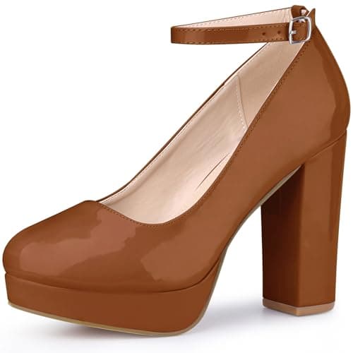Image of Perphy Ankle Strap Platform Court Shoes Chunky Heel Mary Jane Pumps for Women Brown UK 6/Label Size 8 US