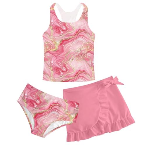 Image of ALISISTER Girls Bathing Suit Pink Marble Print 3 Piece Hawaii Bikini Set Beach Swimsuit with Cover Up Skirt 12-13 Years