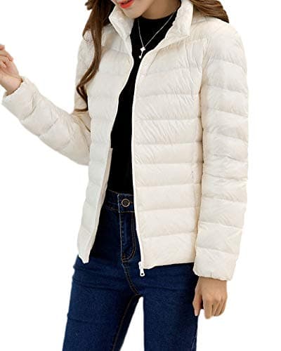 Image of Women's Lightweight Thin Down Jacket Short Stand Collar Slim Down Filled Coat Packable Quilted Down Coat Winter Warm Padded Puffer Jacket Water Resistant Insulated Rain Jacket Plus Size White XXL