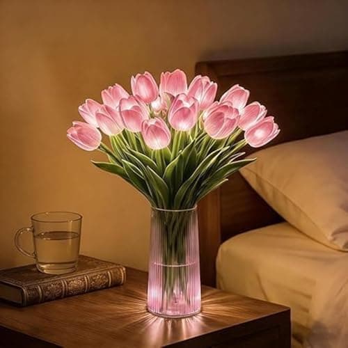 Image of Tulip LED Night Light, Radiant Romantic Tulip Light – 15 Pcs Artificial Flower Fairy Lights with Warm Soft Glow, Bendable Stems for Home Bedroom Living Room Decor, Gift for Women, Mom, Wife (Pink)
