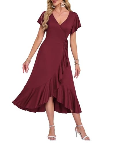 Image of AUSELILY Summer Dresses for Women UK Midi Wrap Beach Casual V-Neck Short Sleeve Slit Ruffle Dress for Cocktail Wedding Guest Wine Red