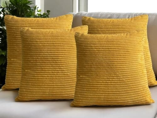 Image of Seechoo Set of 4 - Corduroy Ochre Sofa Cushion Covers 45 x 45 cm Decorative Pillows | Soft Ribbed Throw Pillow Covers for Sofa Cushions Couch Bed Living Room Home Decor 18x18