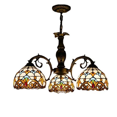 Image of Tiffany Style Chandeliers Vintage Baroque 3 Heads Stained Glass 8 Inch Shade Ceiling Hanging Light Fixtures Pendant Lamp for Bedroom Living Room