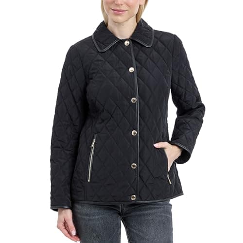 Image of Michael Kors womens Diamond Quilted Jacket for Women, Stylish Lightweight Jacket With Trim Detail, Black, L