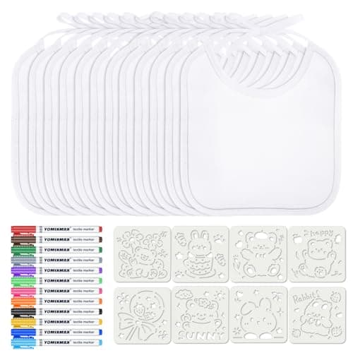 Image of Aolso Baby Bibs for Painting, 12 Pieces Baby White Bibs, Waterproof Bibs for Baby with 12 Textile Pens and 8 Painting Stencils, Gift for Baby Shower Party, Drool Bib (20 x 17.5cm)