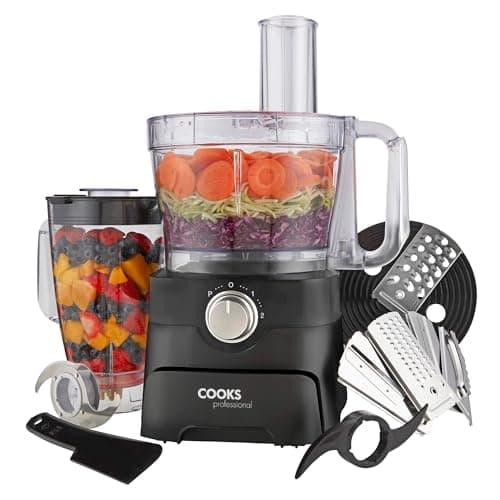 Image of Cooks Professional Food Processor 1000W with 7 Blades, 2L Mixing Bowl & 1.8L Blender Jug | Multifunctional Kitchen Chopper & Blender Machine for Chopping Slicing Grating Kneading Blending | Black