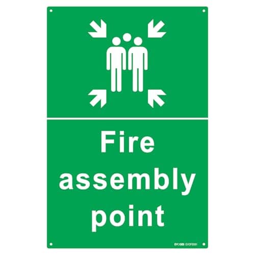 Image of Evoges Fire Assembly Point Sign 600 x 400 x 2mm Rigid Plastic PVC With 4 Pre-Drilled Holes