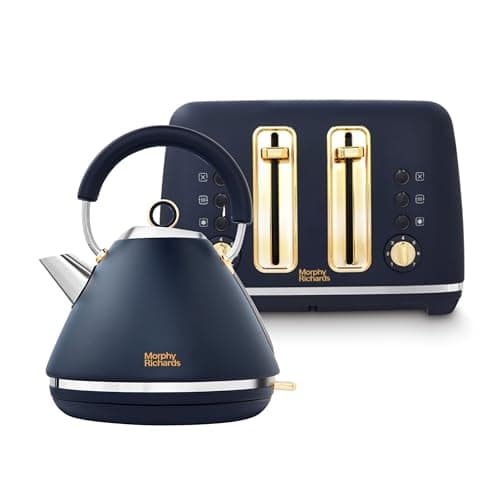 Image of Morphy Richards Accents Kettle and Toaster Set, Soft Gold Collection, 1.5L Rapid Boil Accents Pyramid Kettle, 4 Slice Variable Browning Accents Toaster, Matching Set, 3KW/ 2200W, Navy, 102045/242045