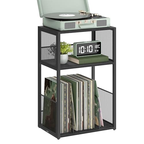 Image of VASAGLE Record Player Stand, 3-Tier Side Table, Vinyl Record Storage up to 100 Albums, End Table for Living Room, Bedroom, Ebony Black LET275B01
