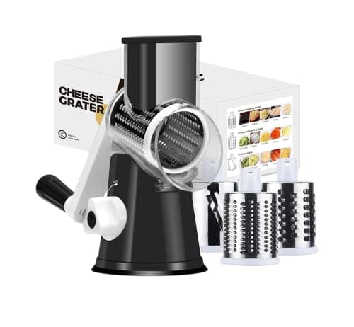 Image of Ourokhome Rotary Cheese Grater Vegetable Slicer - Rotary Round Drum Grater Chopper with 3 Stainless Steel Drums Strong Suction Base (Black)
