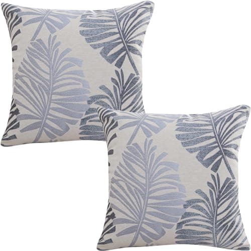 Image of Tennove Cushion Covers 55x55cm Cotton Linen & Velvet Soft Throw Pillow Covers Set of 2 Decorative Tropic Leaf Pattern Square Cushion Cases Pillowcases for Couch Sofa Home Décor, Blue
