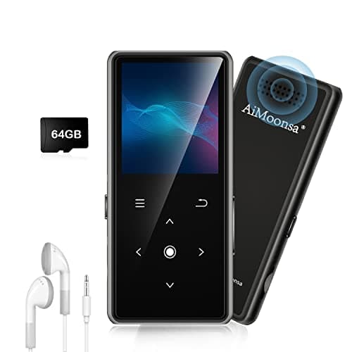 Image of 64GB MP3 Player with Bluetooth 5.2, AiMoonsa Music Player with Built-in HD Speaker, FM Radio, Voice Recorder, HiFi Sound, E-Book Function, Earphones Included