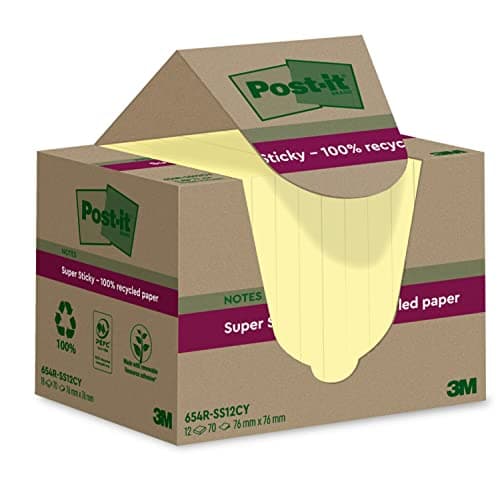 Image of Post-it Super Sticky 100% Recycled Notes, Pack of 12 Pads, 70 Sheets per Pad, 76 mm x 76 mm, Canary Yellow - Extra Sticky Notes Made from 100% Recycled Paper
