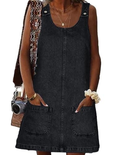 Image of MINTLIMIT Women's Sleeveless Overall Denim Dress Crewneck 2025 Vintage Loose Casual Jean Dress with Pockets Black