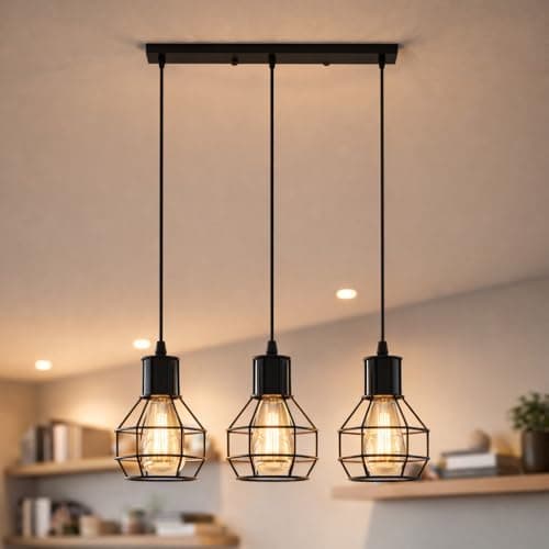 Image of LEDSone 3 Light Industrial Ceiling Pendant Light, Black Geometric Cage Bar Fitting, E27 Adjustable Hanging Lamp, 50cm Vintage Chandelier for Kitchen Island Dining Room