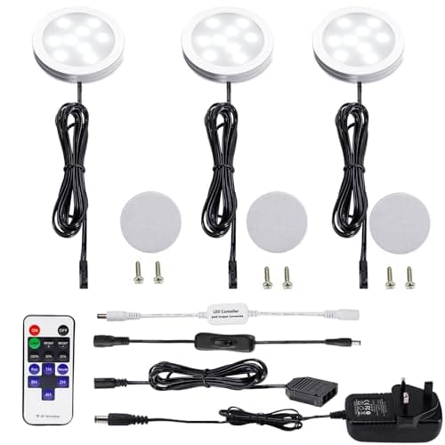 Image of AIBOO Under Cabinet Kitchen Lights 3 Pack With Remote Control, LED Puck Lights With Wired Mains 6W for Cupboard Counter Shelf, Daylight White 6000K