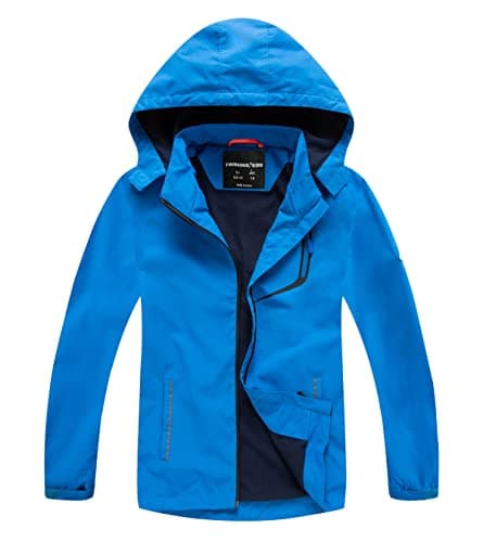 Image of YoungSoul Boys Girls Waterproof Jackets Kids Lightweight Fleece Lined Raincoat School Coats with Detachable Hood Blue 12-13 Years/Size 160