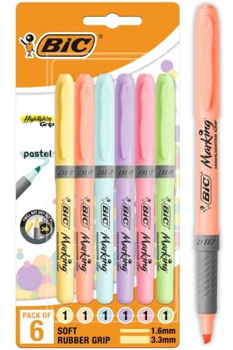 Image of BIC Highlighters Grip Pastel Colours - Grip Highlighter Pens Multipack - Stationery Supplies Pack of 6