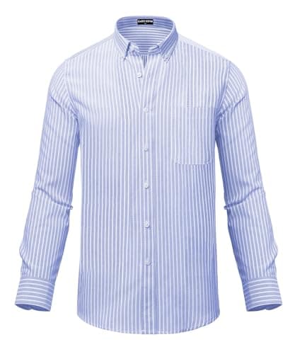 Image of Mauro Kane Men's Long Sleeve Oxford Shirts Casual Business Classic Striped Shirt 100% Cotton Non Iron Button Down Shirt with Pocket, Light Blue -L