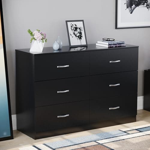 Image of Vida Designs 6 Drawer Wide Chest of Drawers Bedroom Storage Unit Sliding Drawers Bedroom Furniture (Black)
