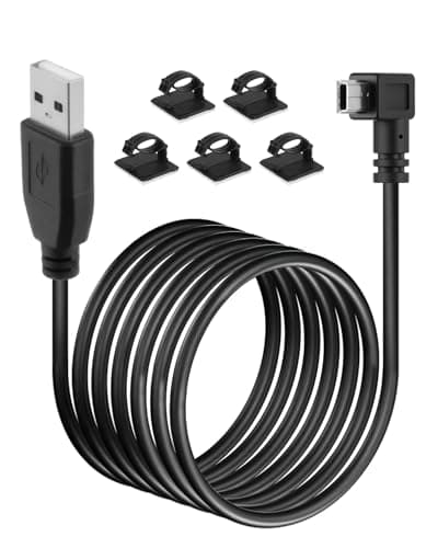 Image of Times Mark Mini USB Cable 5m, USB 2.0 A to Mini B 5-Pin Right Angle Charging & Data Sync Cable, Extra Long Lead for Dash Cam, Sat Nav, GPS and Camera, with 5 Cable Clips, Black