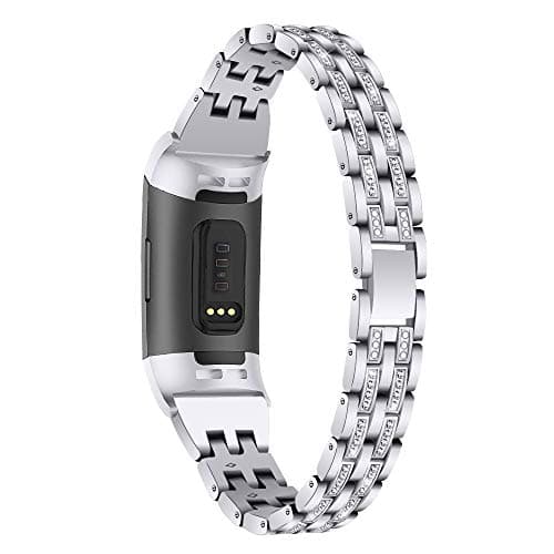 Image of TenCloud Replacement Straps Compatible with Fitbit Charge 4/Charge 4 SE/Charge 3 Strap, Metal Bands Bling Bling Rhinestone Wristbands for Women for Charge 4/Charge 3 Fitness Tracker (Silver)